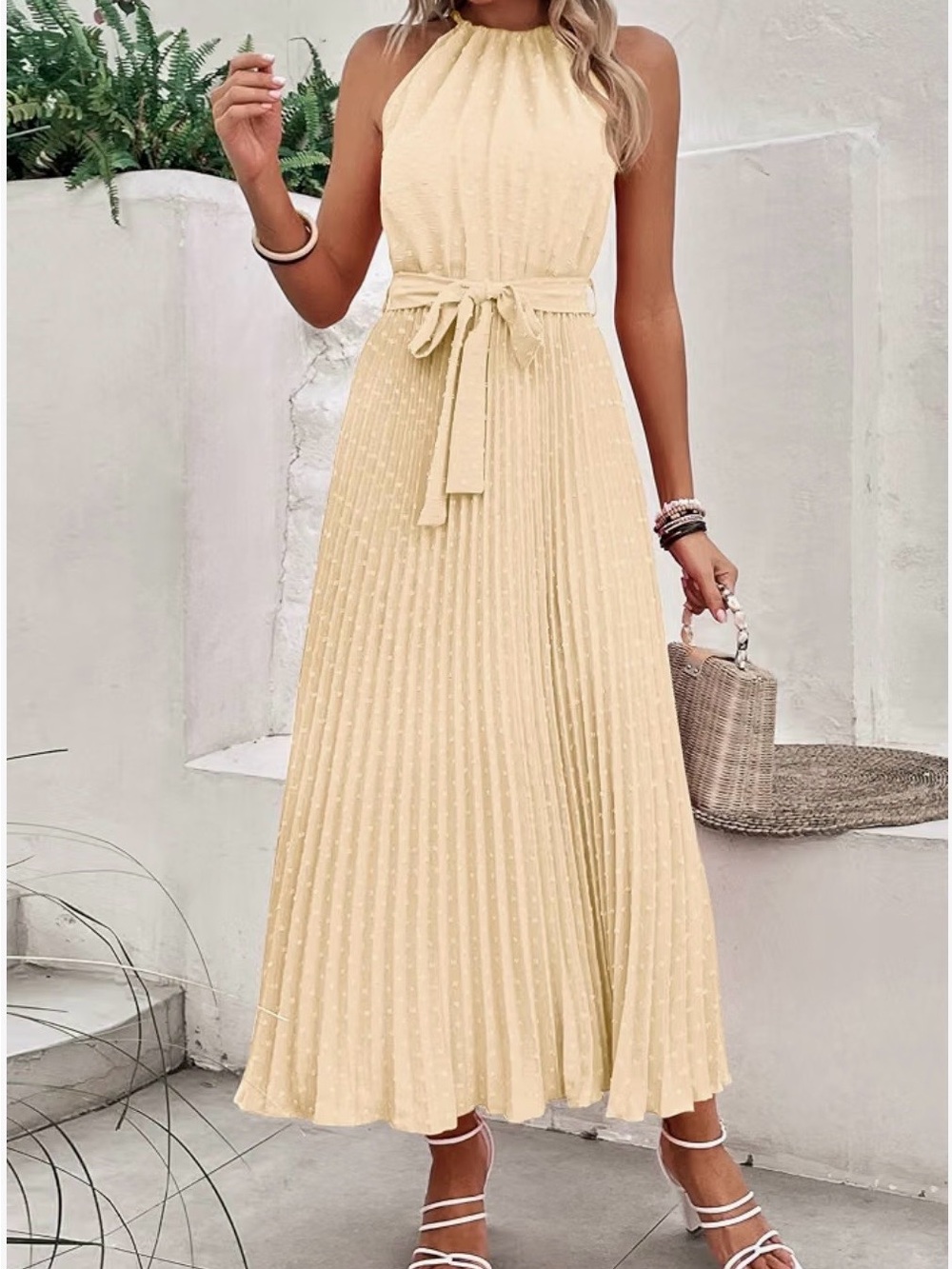 Halter Neck Midi Dress with Self-Tie Waist in Beige